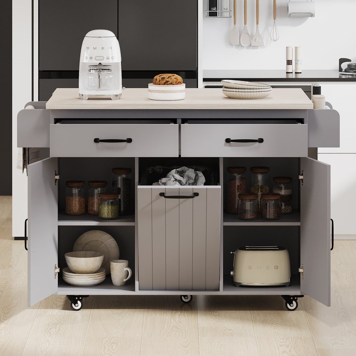 Grey Rolling Kitchen Island with Drop Leaf and Trash Can Storage, Spice Rack, Towel Rack, and Adjustable Shelves