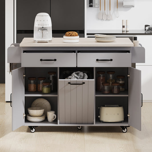 Grey Rolling Kitchen Island with Drop Leaf and Trash Can Storage, Spice Rack, Towel Rack, and Adjustable Shelves