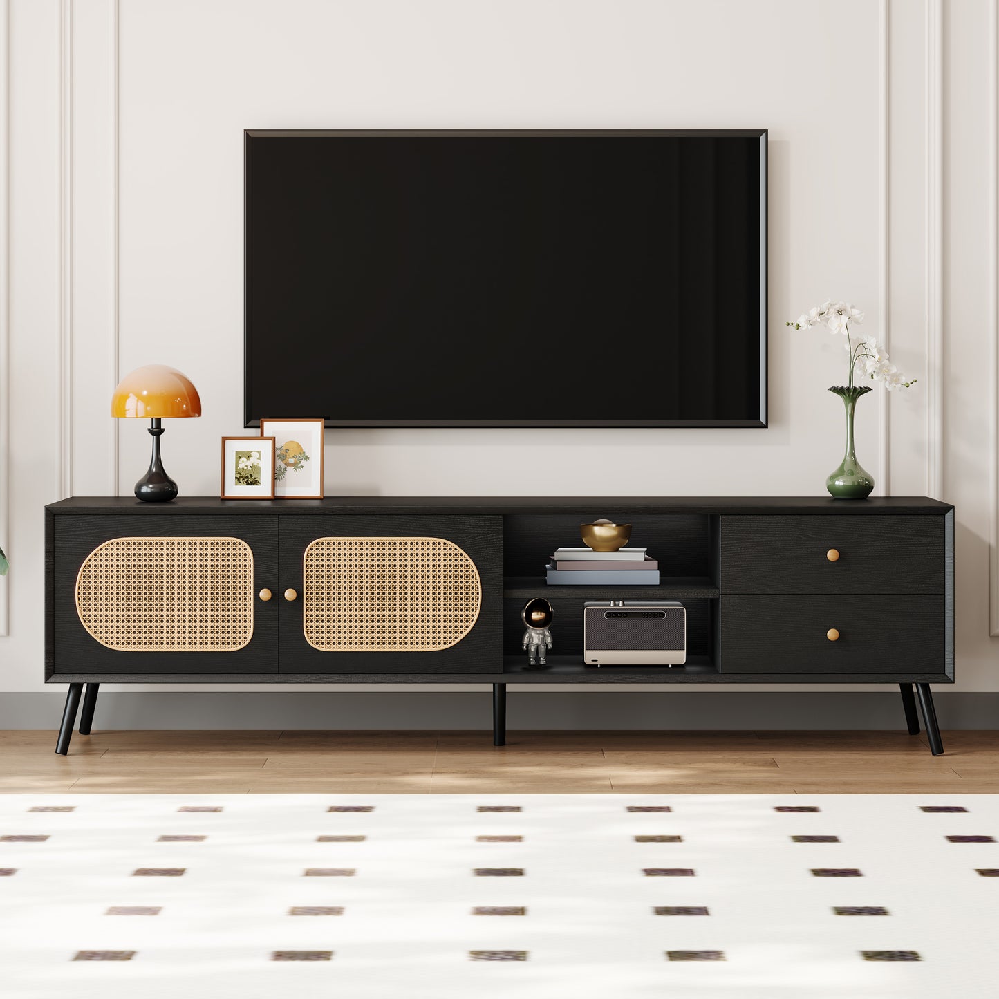 70-Inch TV Stand for Up to 80-Inch TVs, Mid-Century Modern with Rattan Doors, 2 Drawers, Wood Legs Black