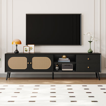 70-Inch TV Stand for Up to 80-Inch TVs, Mid-Century Modern with Rattan Doors, 2 Drawers, Wood Legs Black