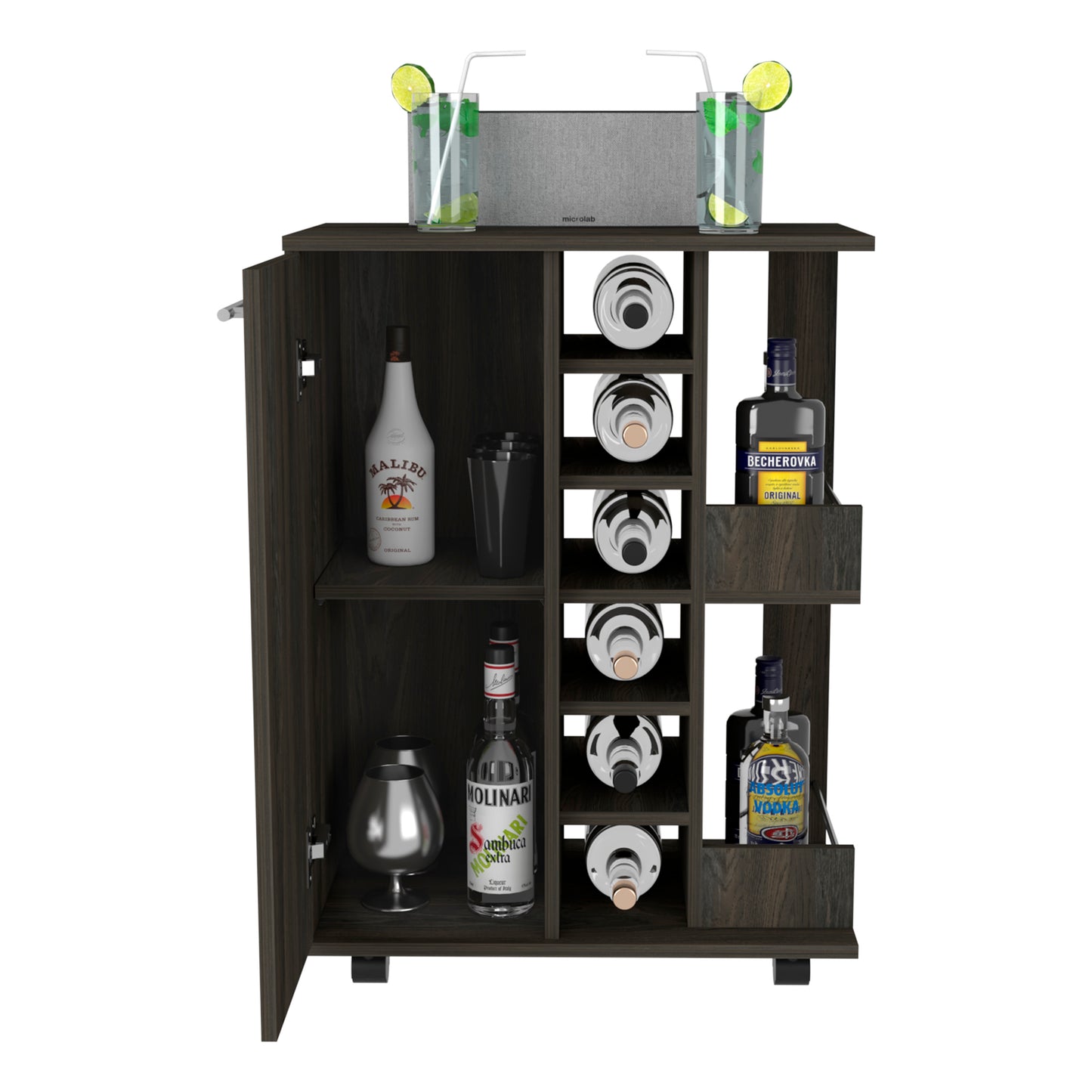 Espresso Finish Bar Cart With Four Casters And Storage