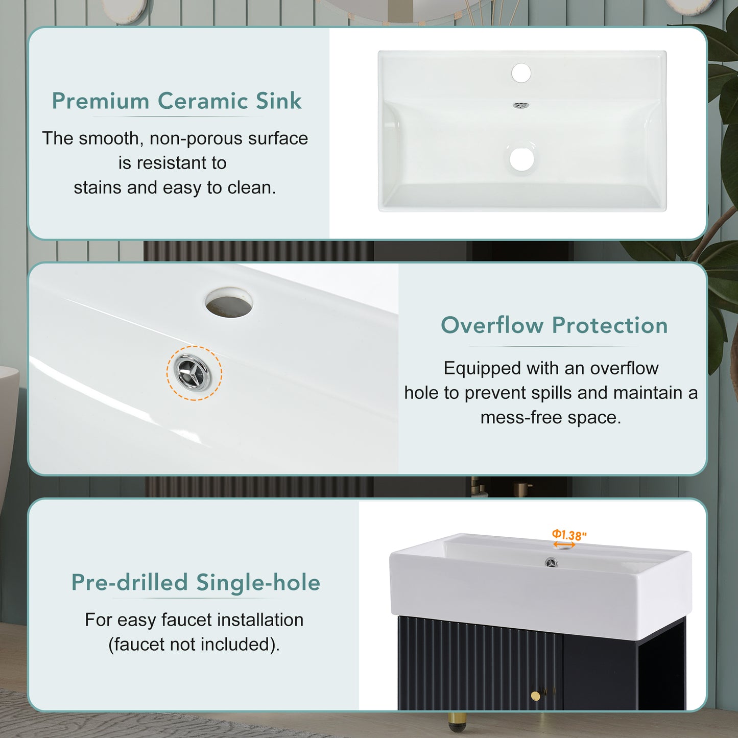 Modern 21.6" Black Bathroom Vanity with Ceramic Sink and Right-Side Storage Cabinet