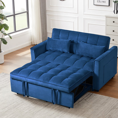 3-in-1 Velvet Convertible Sleeper Sofa Bed with Pull-Out, Backrest, Side Pockets for Living Room Blue