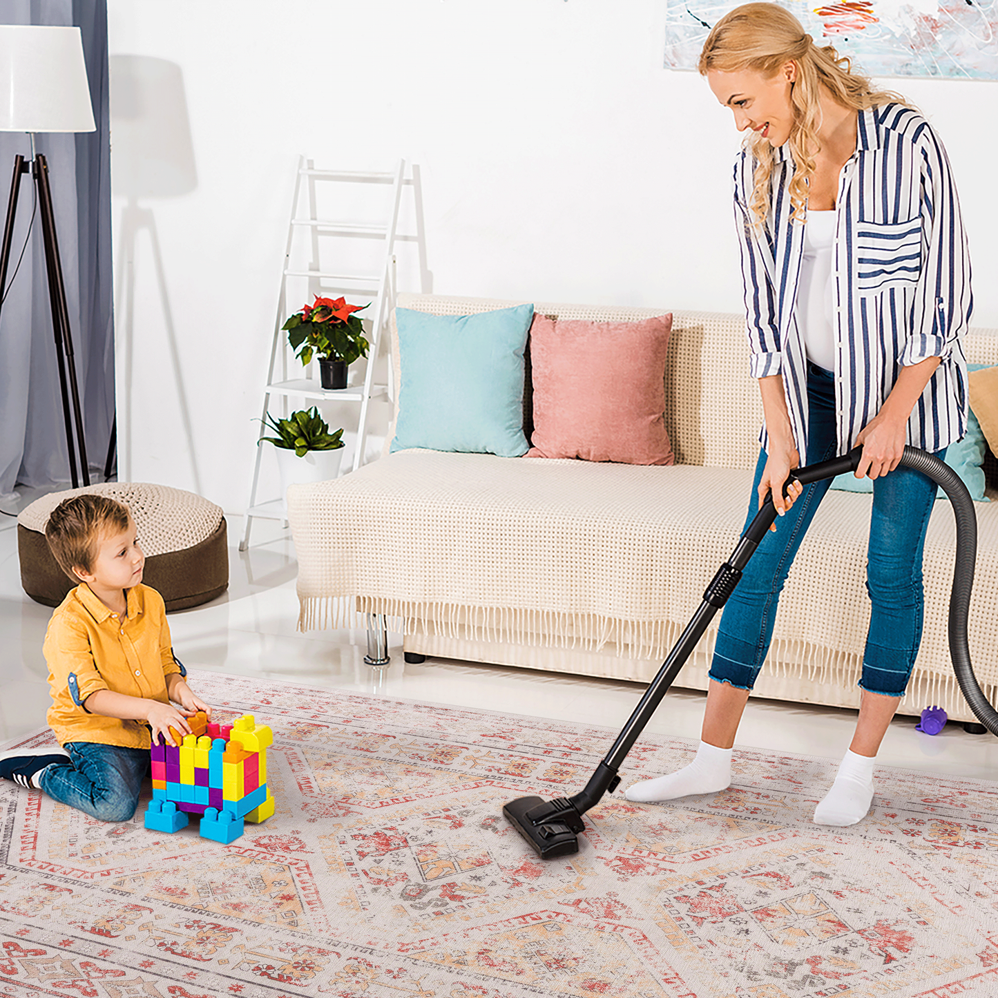 8x10 Area Rug, Machine Washable, Non-Slip Low-Pile Chenille, Foldable Kid & Pet Friendly Bedroom - Beige