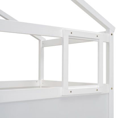 Whimsical Twin over Full House Bunk Bed with Storage Steps and Blackboard, White