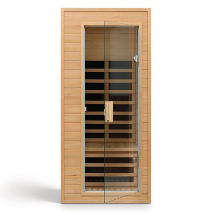 One-Person Far Infrared Indoor Sauna Room, 1290W, 5 Heaters, Hemlock Wood, Bluetooth, Natural