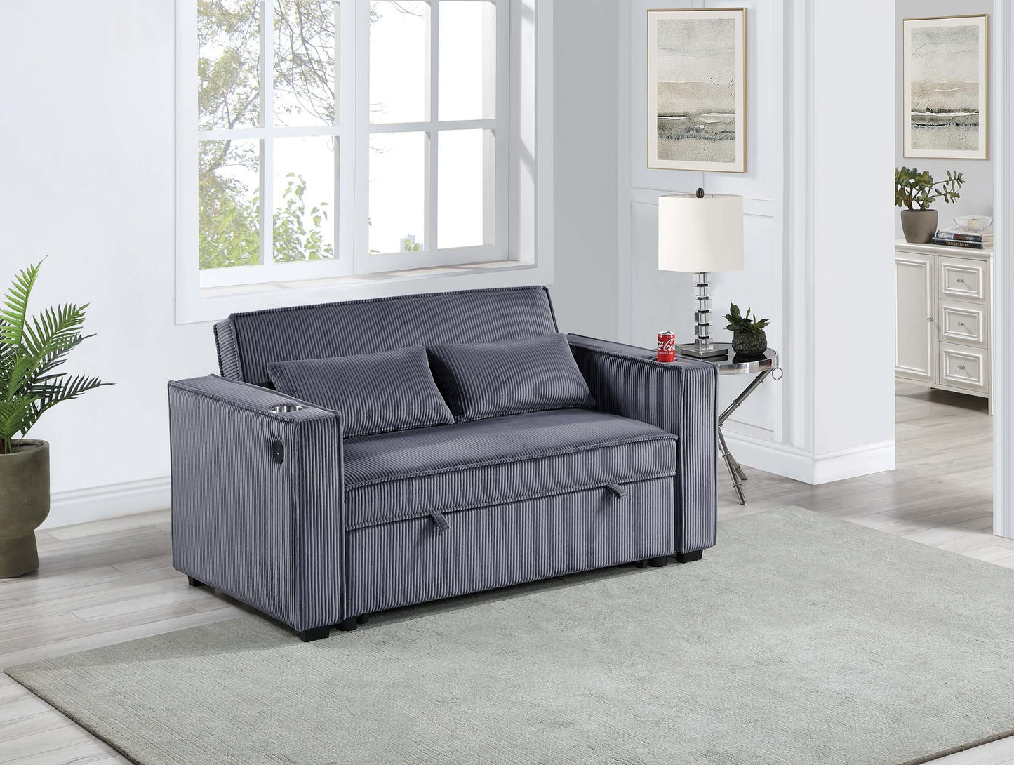 2-Seat Convertible Sofa with Cup Holders and USB, Corduroy Upholstery Sleeper Couch, Modern Dark Gray