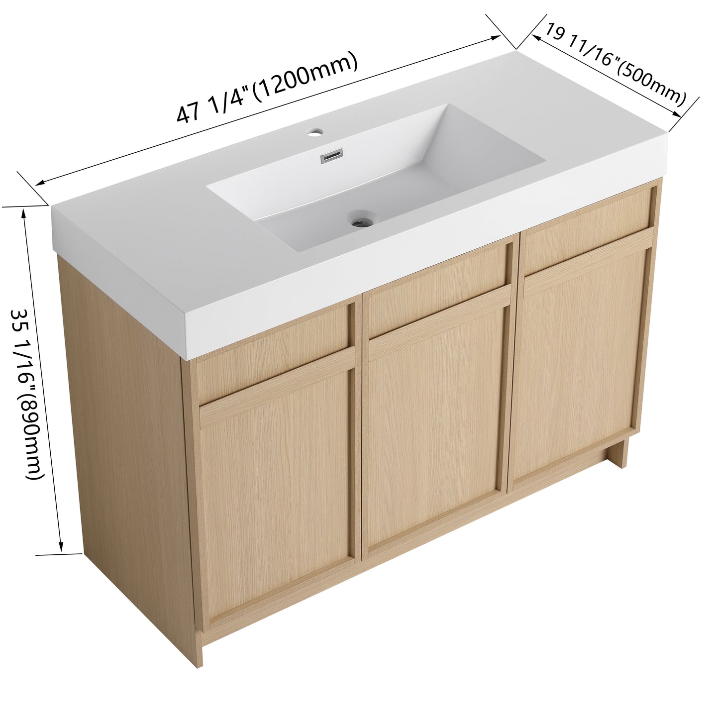 Modern 48" Freestanding Oak Bathroom Vanity with White Resin Sink & Soft-Close Doors