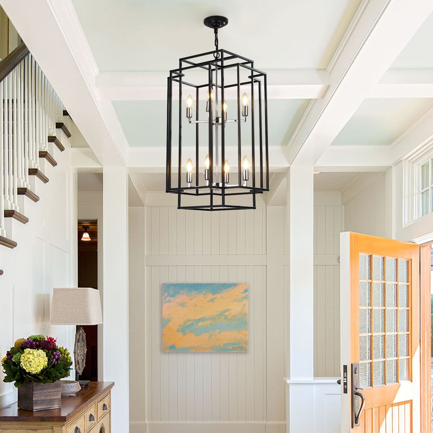 8-Light Lantern Pendant Light Industrial Farmhouse Chandelier for Entryway, Kitchen Island Black & Silver