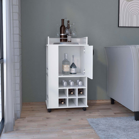 White Bar Cart With 6 Wine Racks And Rolling Casters