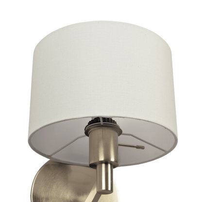 Modern Wall Lamp with Rotary Switch, 9x10x11, White Fabric Shade, Metal Base, Living Room Brushed Nickel