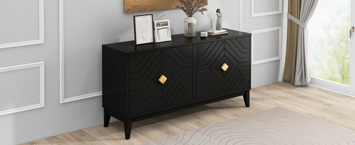 4-Door Sideboard Storage Cabinet for Living Room and Dining Room, Two Large Cabinets with Gold Handles and Adjustable Shelf, Black