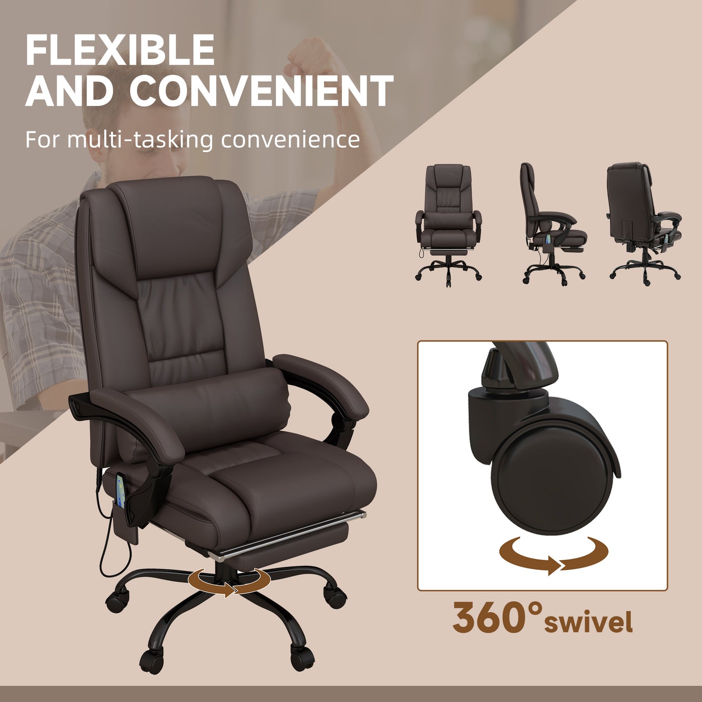 Brown High-Back Massage Office Chair with Remote Control, Adjustable Height, Reclining Footrest, and 6-Point Vibration System