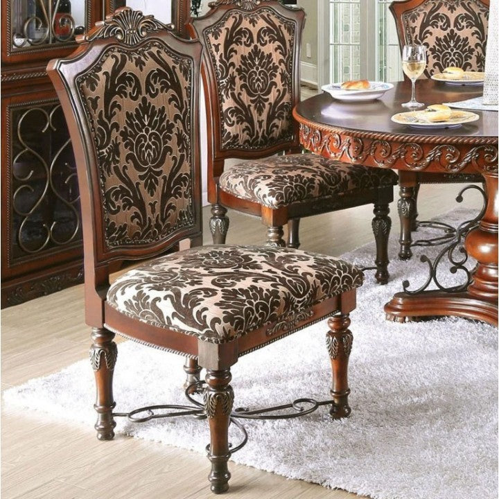 2-Pack Traditional Dining Chairs - Solid Wood, Carved Back, Floral Fabric Seats, Dining Room Brown Cherry
