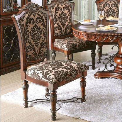 2-Pack Traditional Dining Chairs - Solid Wood, Carved Back, Floral Fabric Seats, Dining Room Brown Cherry