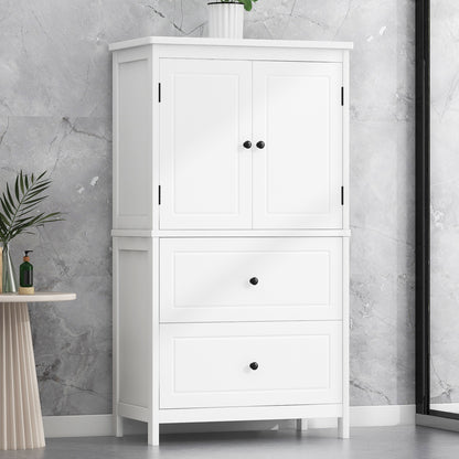 White MDF Bathroom Storage Cabinet with Adjustable Shelves, Two Doors, and Drawers