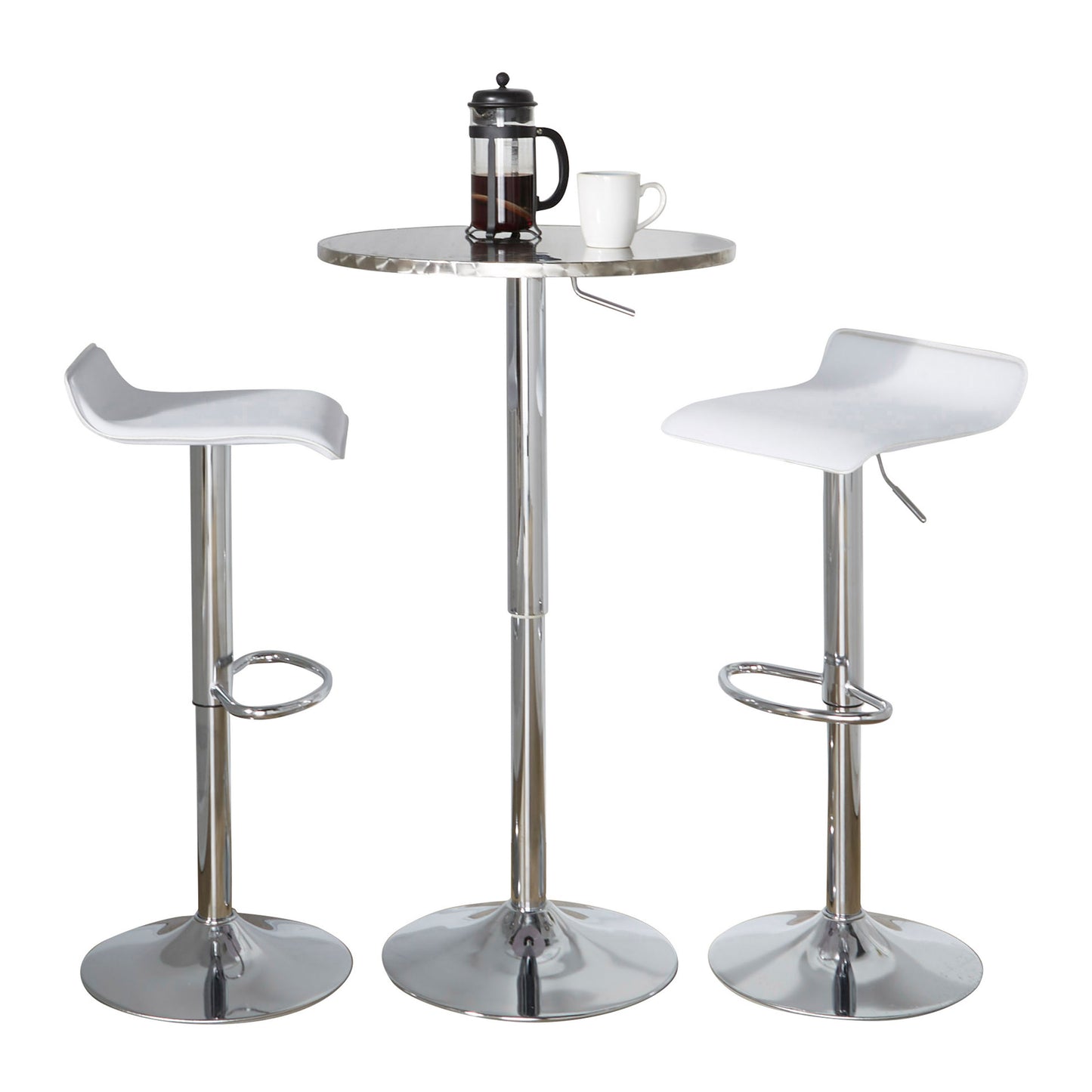 Round Bistro Adjustable 3-Piece Bar Set for Home Bar with Oval Footrest, Metal PVC, Silver Chrome