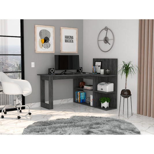 L-Shaped Modern Computer Desk with Five Open Shelves - Smokey Oak