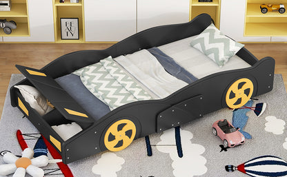 Twin Size Race Car Platform Bed with Storage and Wheels in Black and Yellow