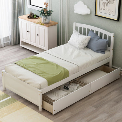Elegant White Twin Platform Bed with Storage Drawers and Headboard