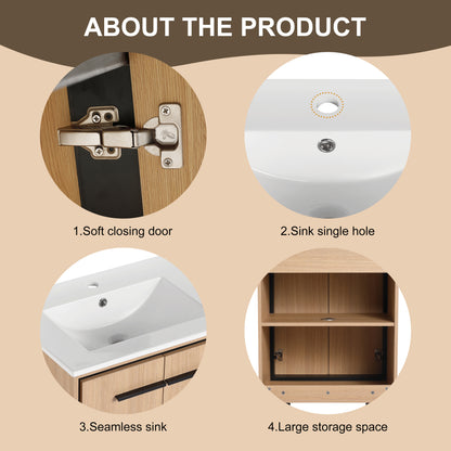 24-Inch Oak Bathroom Vanity with Ceramic Basin and Storage Cabinet