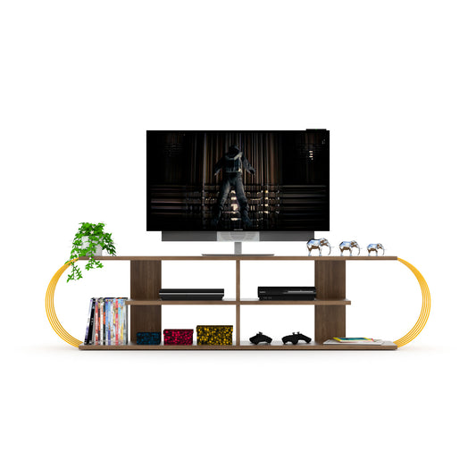 Mid Century Modern TV Stand with 4 Open Shelves, 68-Inch Entertainment Center, Solid Wood, Walnut/Yellow