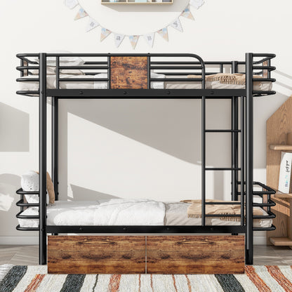 Twin XL Metal Bunk Bed with MDF Guardrails and Storage Drawers in Black