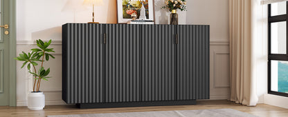 TREXM 4 Wavy Doors Ample Storage Space Sideboard with Adjustable Shelves and Retro Copper Handles for Dining Room and Living Room (BLACK)