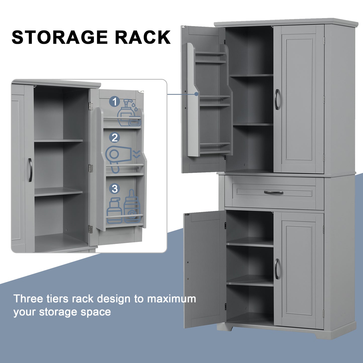 Tall Grey MDF Bathroom Storage Cabinet with Adjustable Shelf and Multiple Storage Solutions