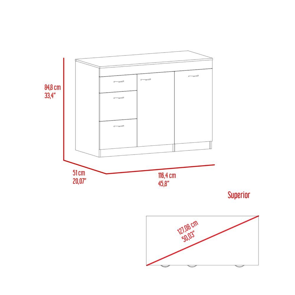 Modern Grecia Kitchen Base Cabinet with Three Drawers and Two Shelves - White & Dark Walnut
