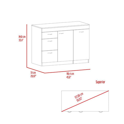 Modern Grecia Kitchen Base Cabinet with Three Drawers and Two Shelves - White & Dark Walnut