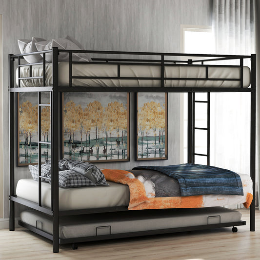 Sleek Black Twin Over Twin Bunk Bed with Trundle for Ultimate Space Efficiency