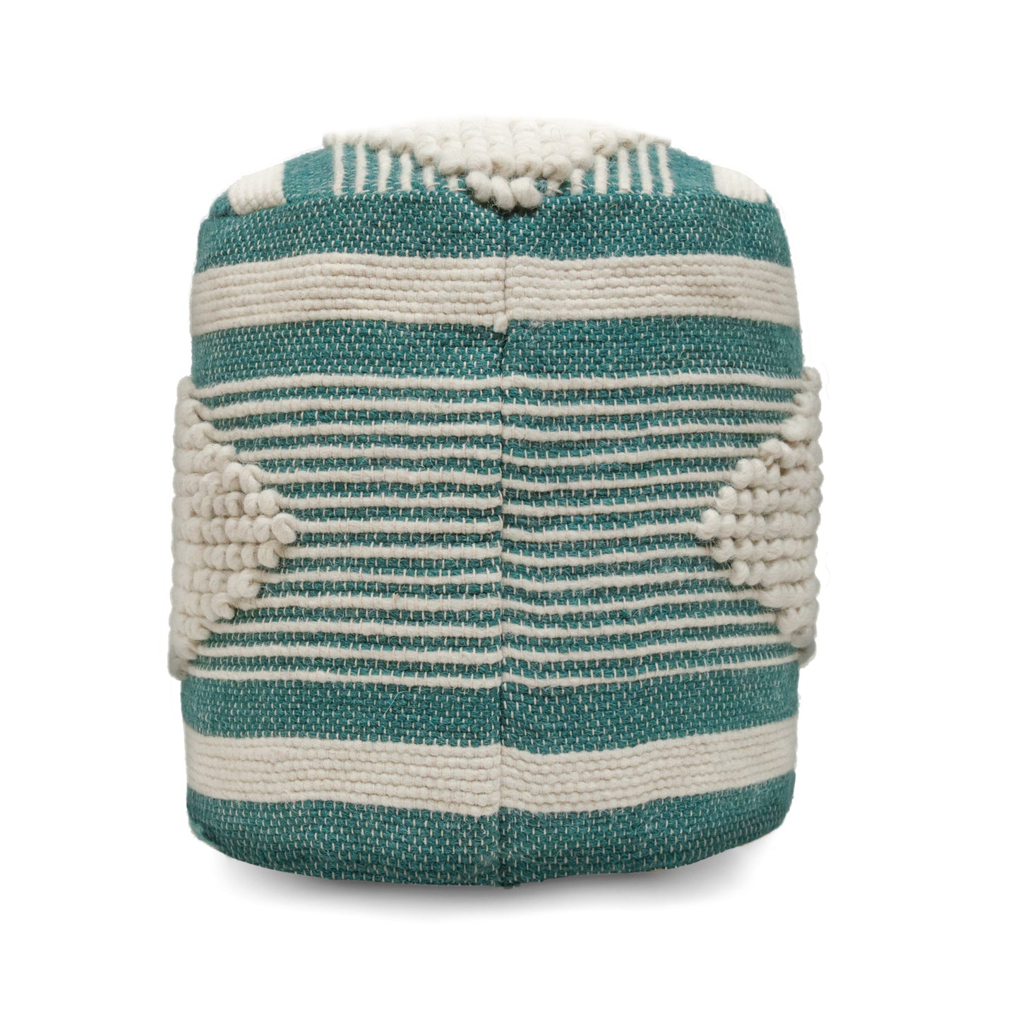Handcrafted Wool-Cotton Cylindrical Pouf, 16x16 in Floor Seating, Up to 250 lbs, Teal