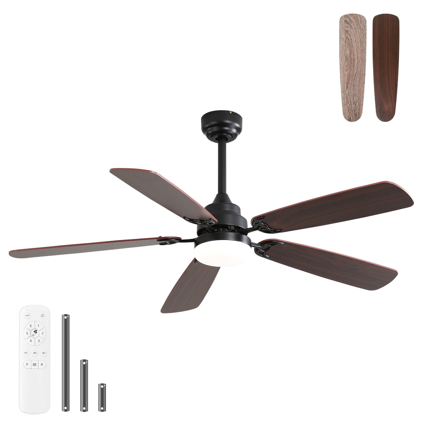 52-Inch LED Ceiling Fan with Remote, DC Motor, 6-Speed, 5-Blade, Light Kit, Downrod Included Matte Black