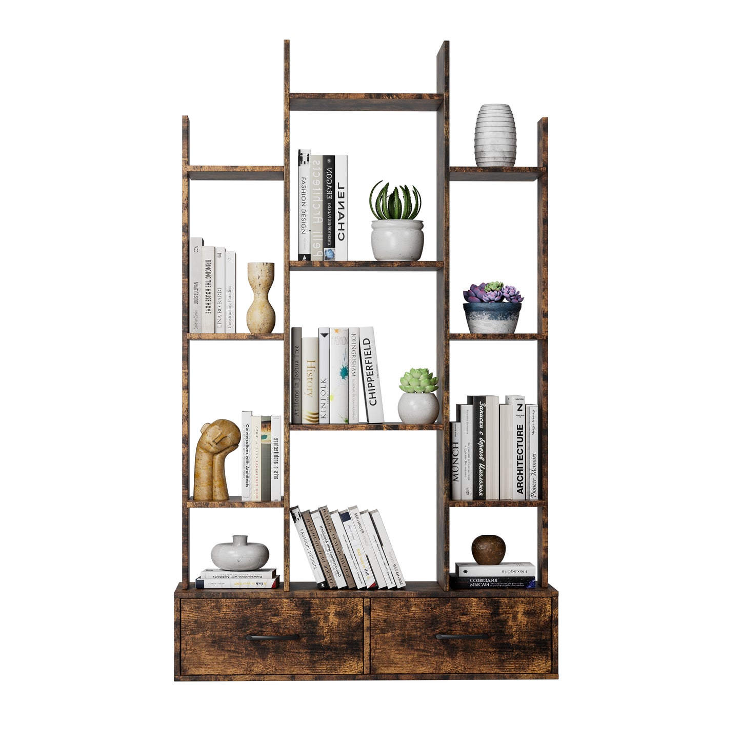 Industrial Vintage Bookshelf with 2 Drawers and 12 Open Shelves - Rustic Brown Freestanding Display Bookcase for Home Office, Bedroom, and Living Room