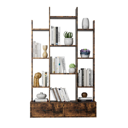 Industrial Vintage Bookshelf with 2 Drawers and 12 Open Shelves - Rustic Brown Freestanding Display Bookcase for Home Office, Bedroom, and Living Room