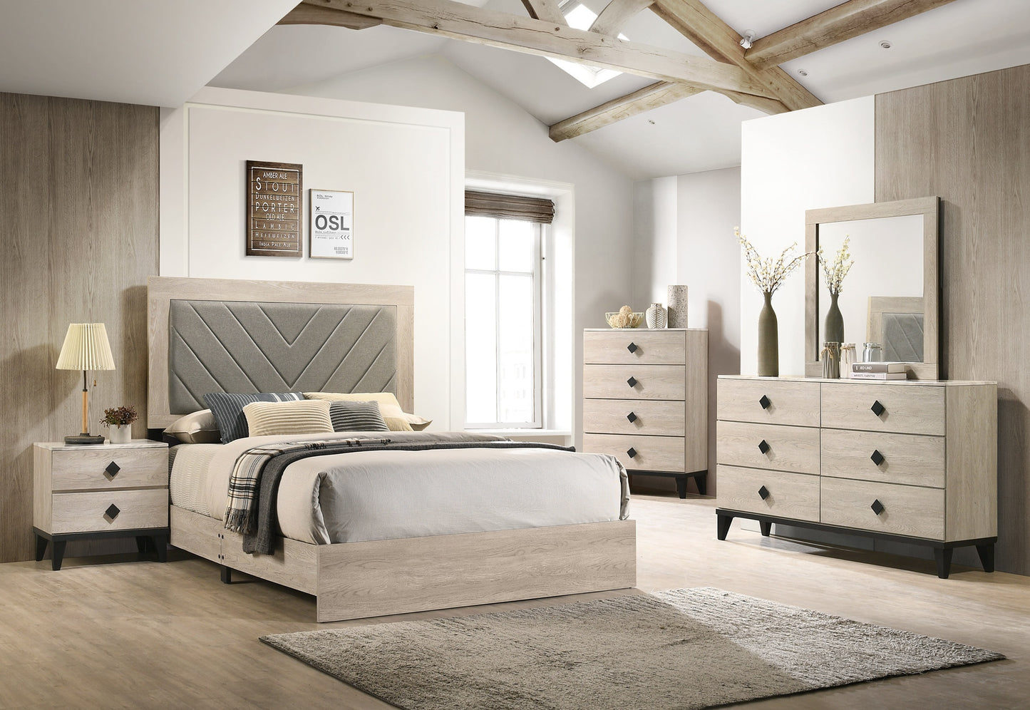 Elegant Cream California King Bed with Gray V-Design Headboard - Premium Rubberwood Frame