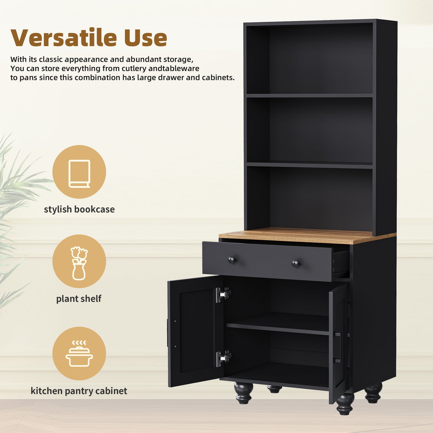 Elegant Black Farmhouse Storage Cabinet with Adjustable Shelves and Gourd-Shaped Legs, Versatile Kitchen Pantry and Bookshelf Solution