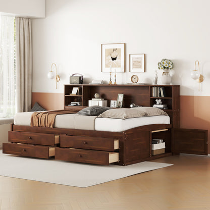Elegant Antique Brown Full Size Wooden Captain Bed with Ample Storage and Built-in Shelves