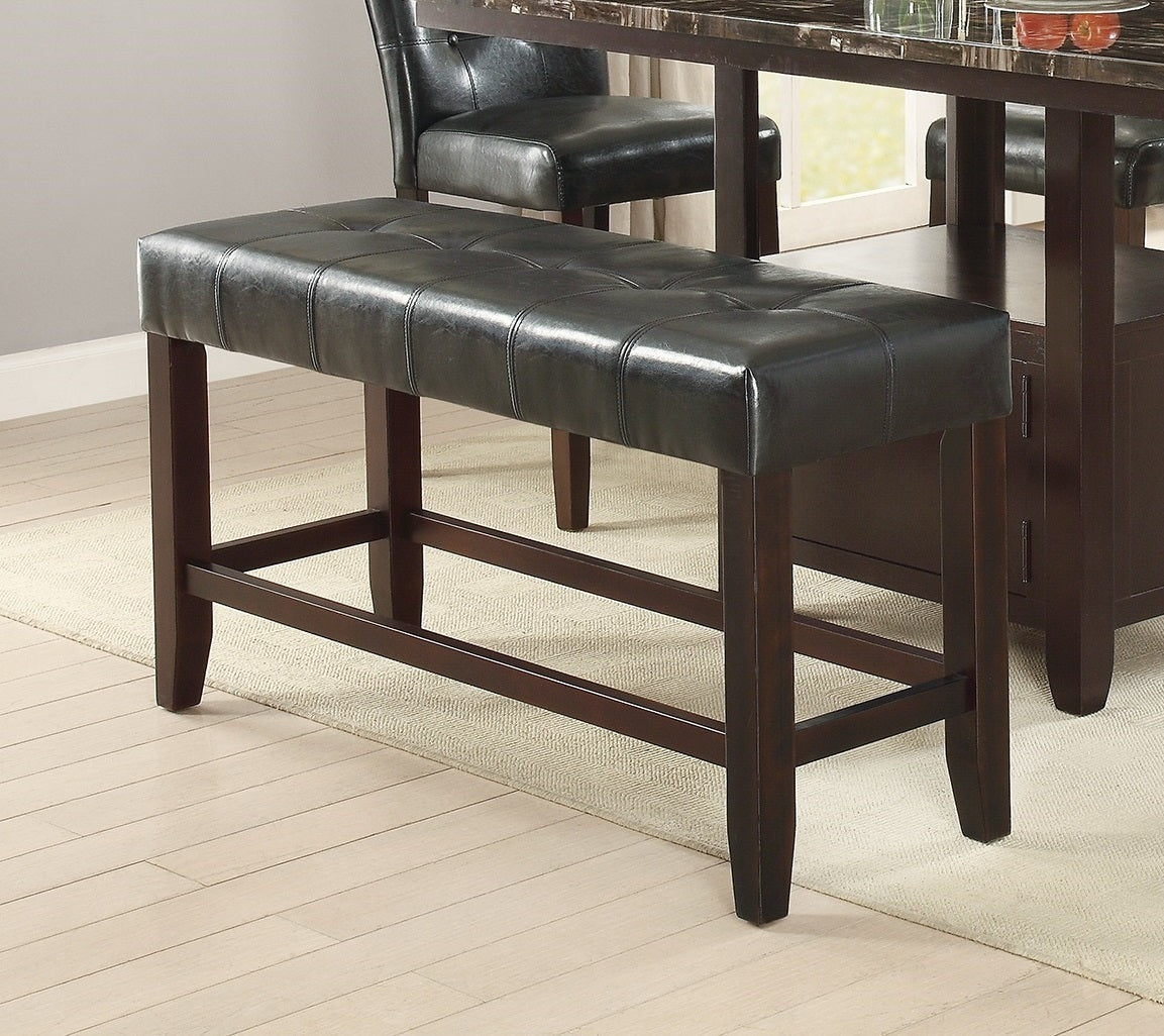 Counter Height 48in Dining Bench, Faux Leather Tufted Seat, Rubberwood Base, Farmhouse Dining Room Black Brown Finish