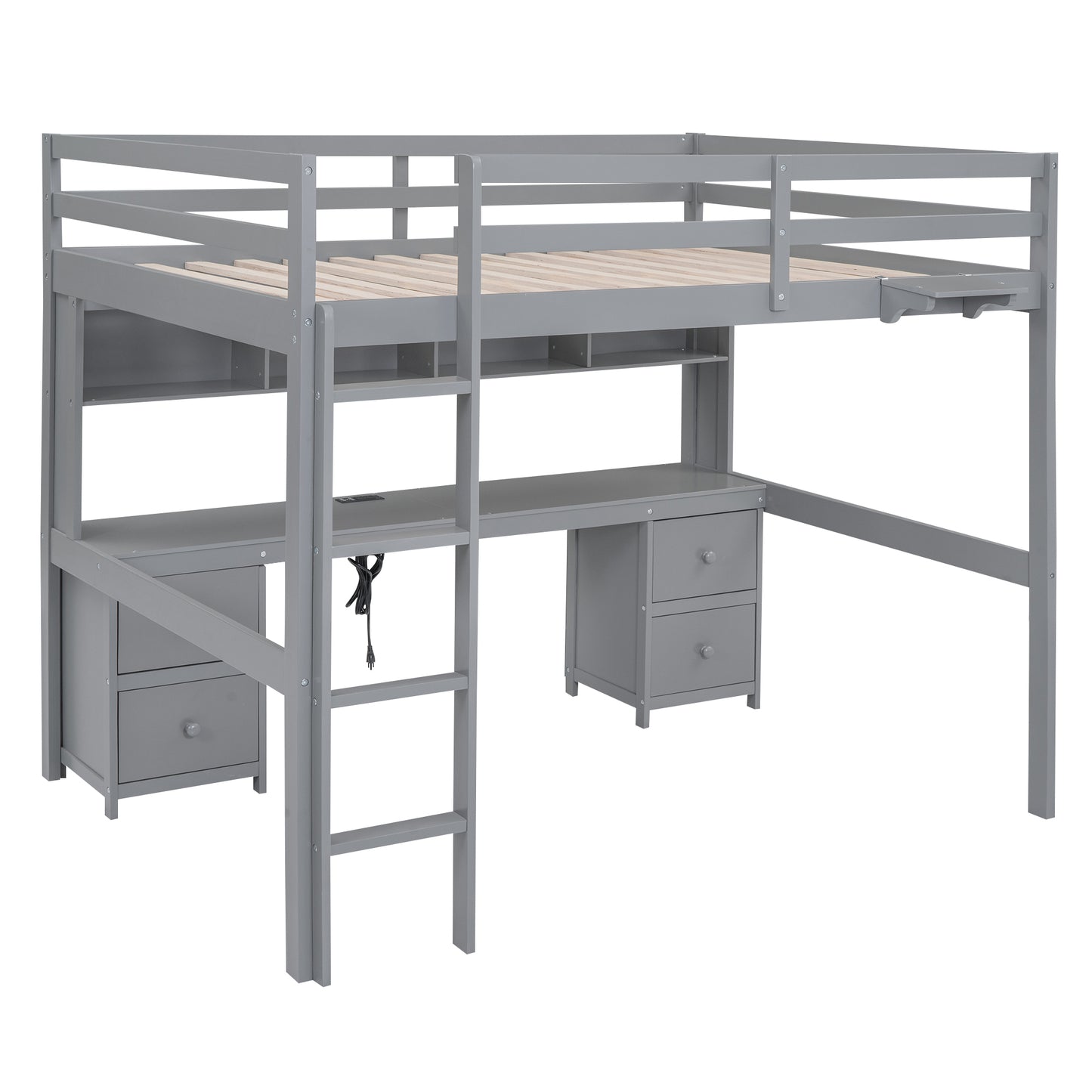 Gray Full Size Loft Bed with Integrated Desk, Storage Solutions, and Charging Station