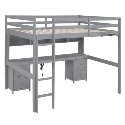 Gray Full Size Loft Bed with Integrated Desk, Storage Solutions, and Charging Station