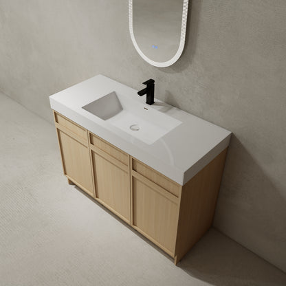Modern 48" Freestanding Oak Bathroom Vanity with White Resin Sink & Soft-Close Doors