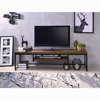 50-Inch TV Stand, Open 1-Shelf Media Console, Wood Top, Metal Base, Weathered Oak and Black