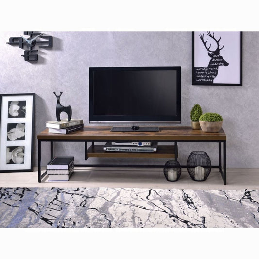 50-Inch TV Stand, Open 1-Shelf Media Console, Wood Top, Metal Base, Weathered Oak and Black
