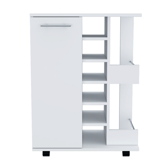 Stylish 32 Inch White Bar Coffee Cart With Storage Cabinet