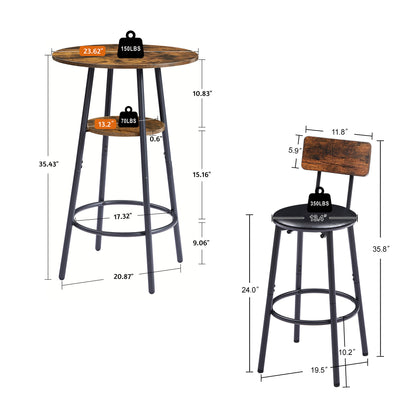 Round Bar Stool Set with Built-In Shelf, Upholstered Seat and Backrest for Kitchen Bar, Rustic Brown
