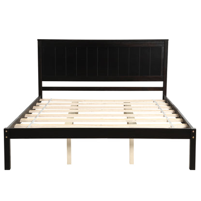 Espresso Queen Platform Bed Frame with Headboard and Wood Slat Support – No Box Spring Required