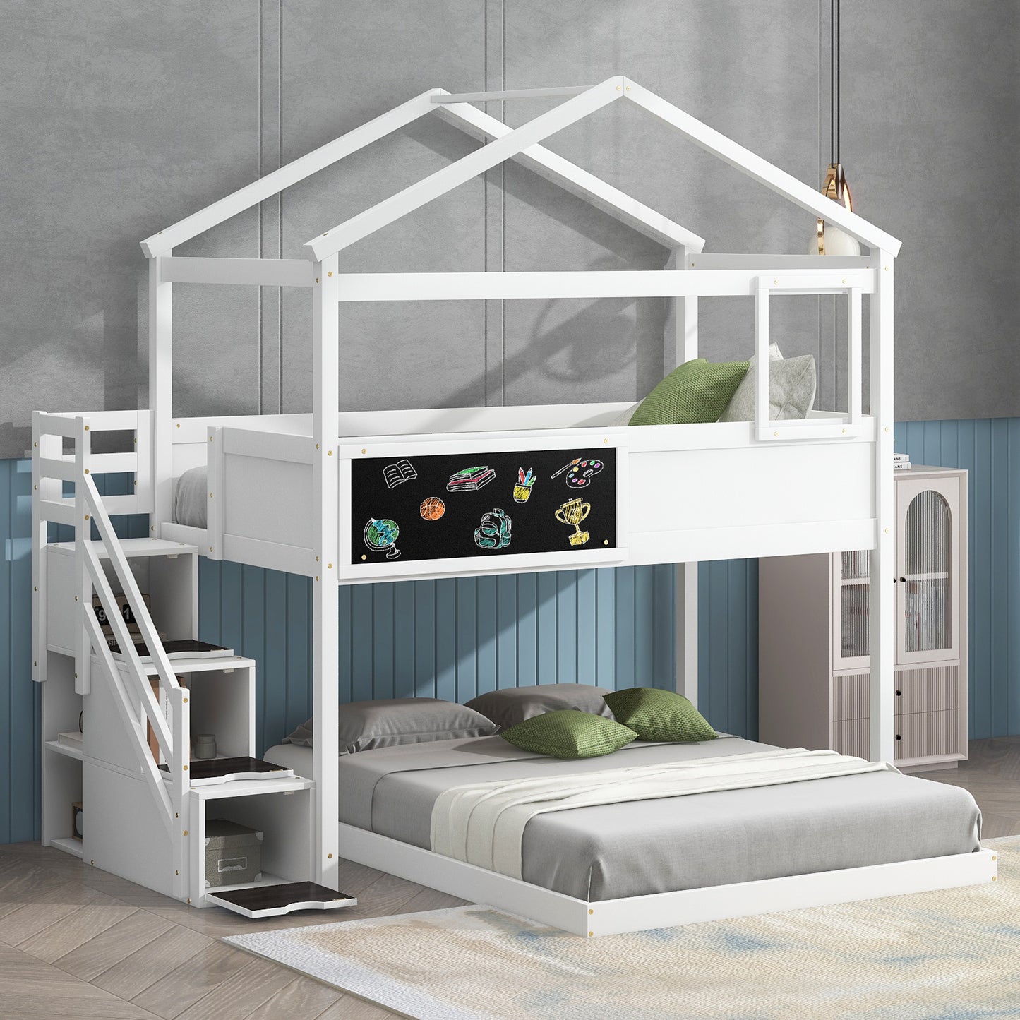 Whimsical Twin over Full House Bunk Bed with Storage Steps and Blackboard, White