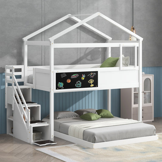 Whimsical Twin over Full House Bunk Bed with Storage Steps and Blackboard, White